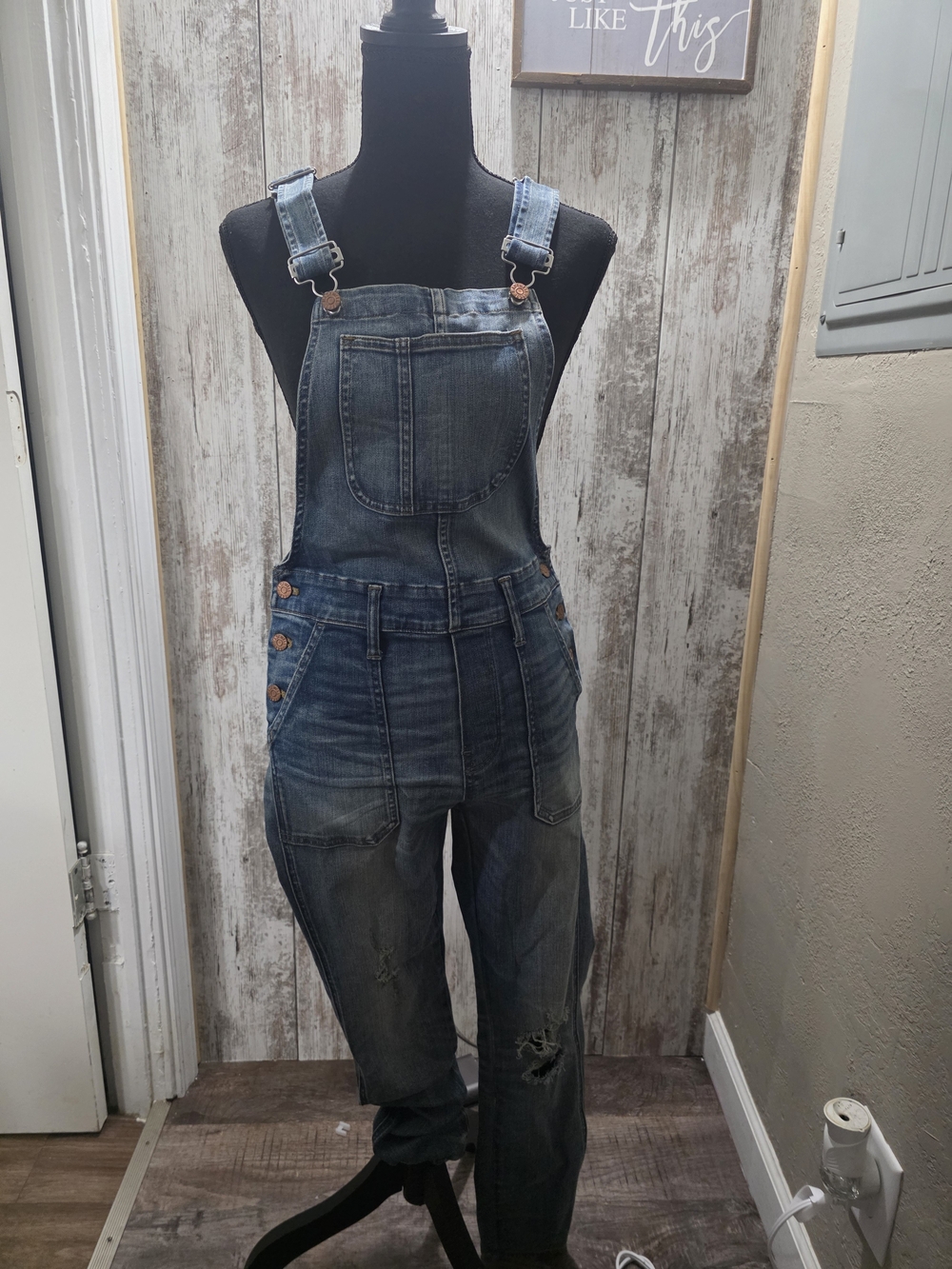 Madewell Distressed Denim Overalls in Washed Blue